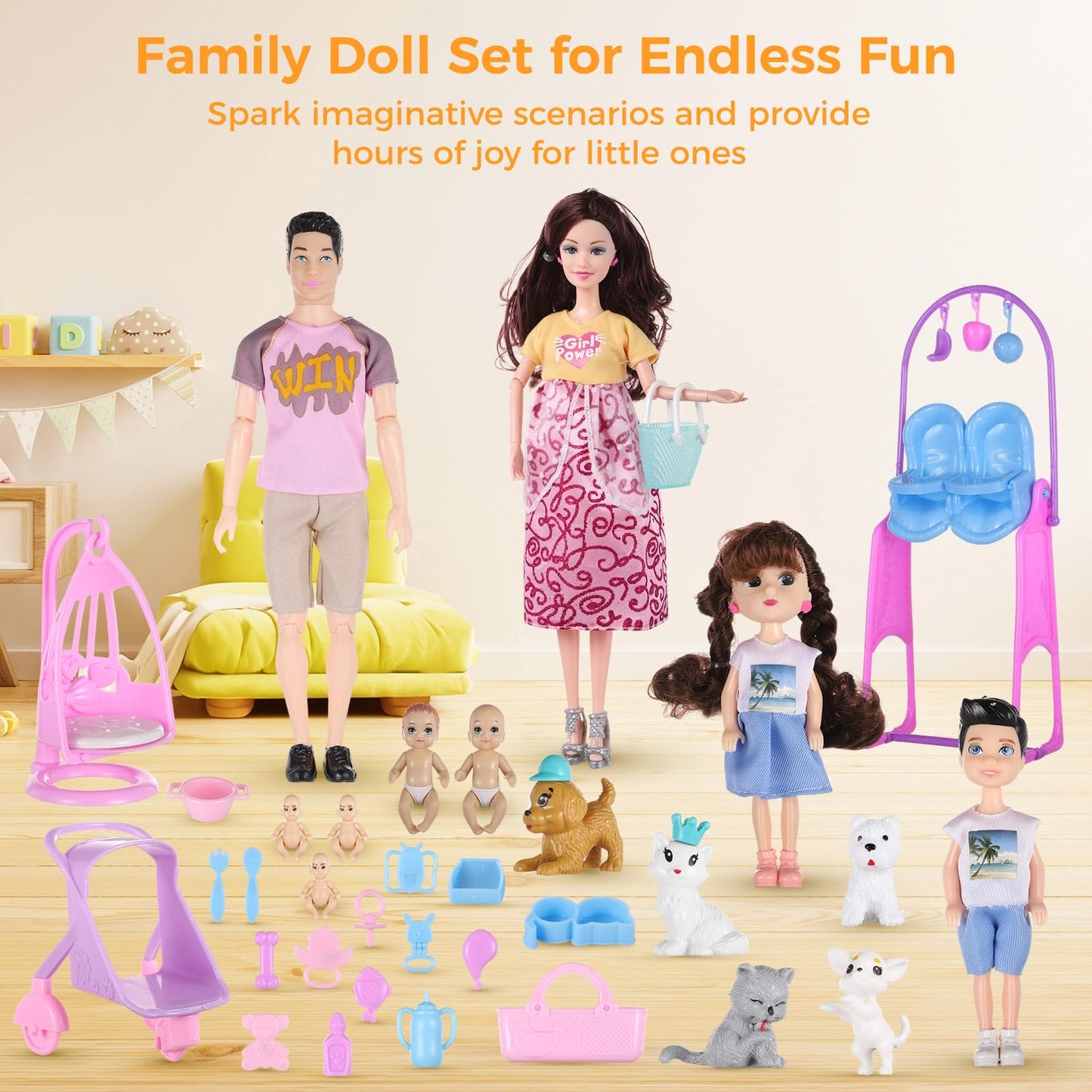 Dollcube Pregnant Doll with Baby in Tummy, 34PCS Family Dolls Set of 6 People with Pets Included Dad Pregnant Mom 2 Kids Baby Boy and Infants Pregnant Doll Accessories for Aged 3-12 Girls Boys Gift