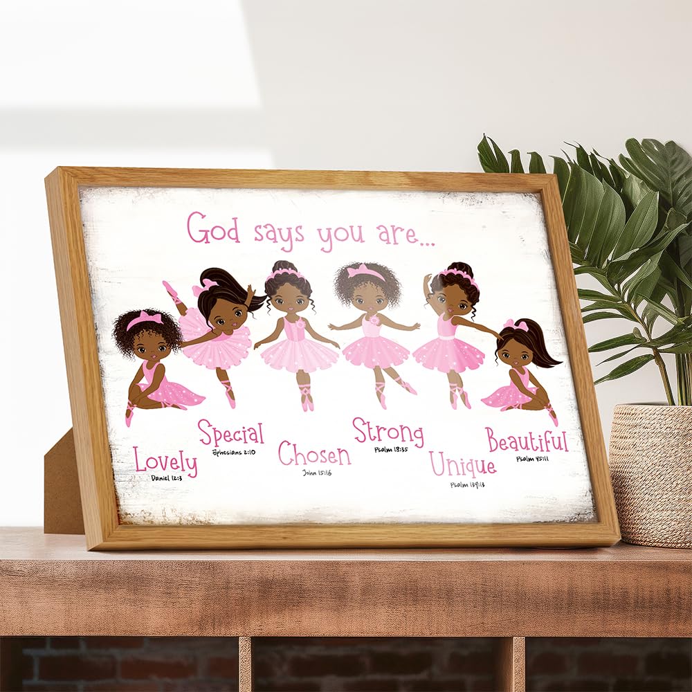 Black Afro African American Girl 11x14 FRAMED - God Says Christian Bible Verses Wall Art, Religious Room Decor, Toddler Little Girls Bedroom Decor, Pink Ballerina Baby Room Decorations, Daughter Gifts