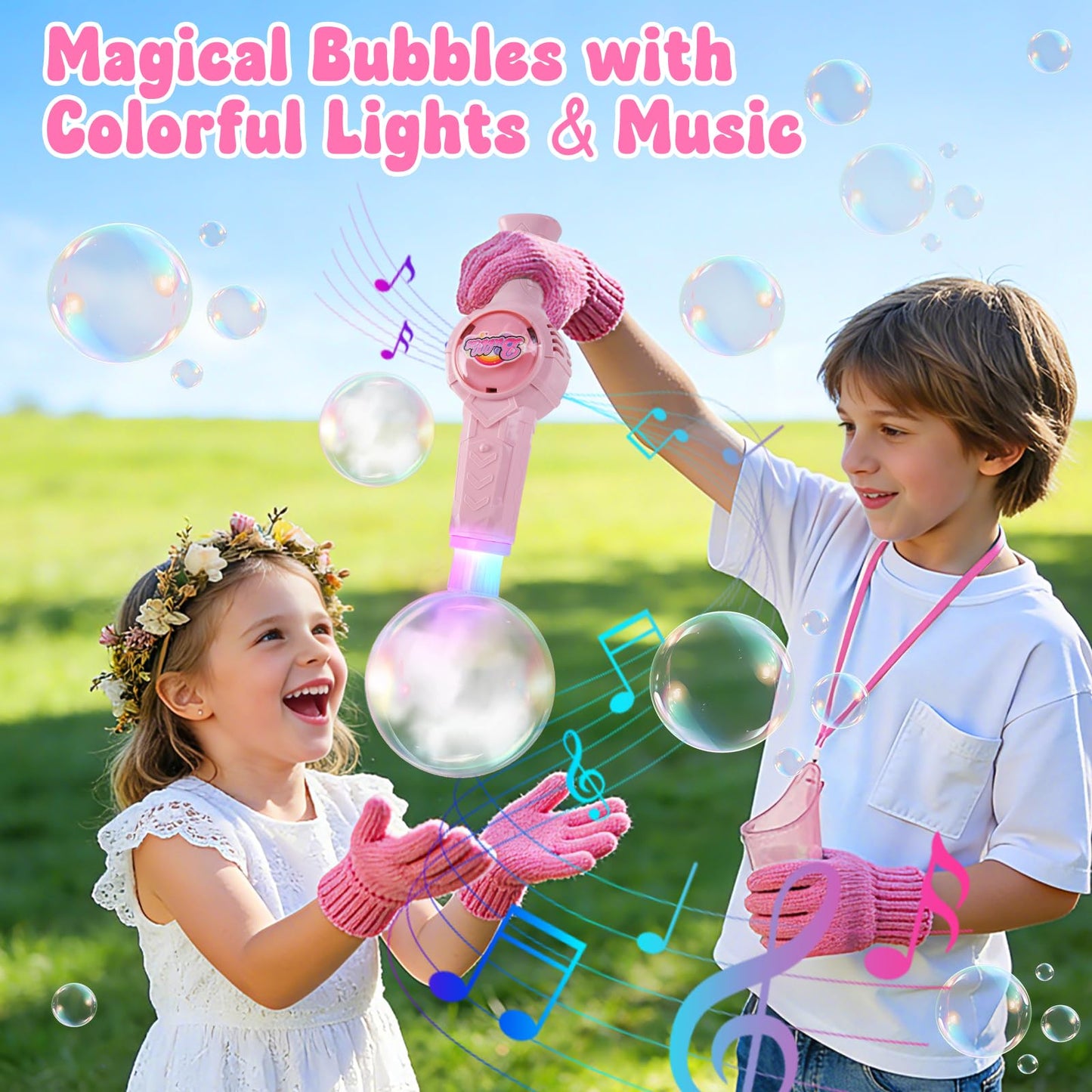 Smoke Bubble Machine, Elastic Bubble Fog Wand, Rechargeable Fog Bubble Machine with Lights & Sound, for Parties Outdoor Interactive Fun (Pink)