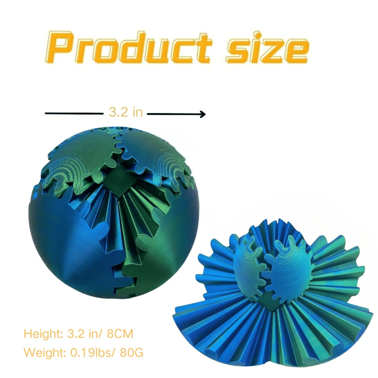 Gear Ball 3D Printed Spin Ball Cube Fidget Toys, Gear Sphere Fidget Toy, GearSphere Desk Toy Stress Fidget Balls, Fidgets Spinners for Adults & Kids Anxiety Relaxing (Laser Green Blue, 3.1 Inch)