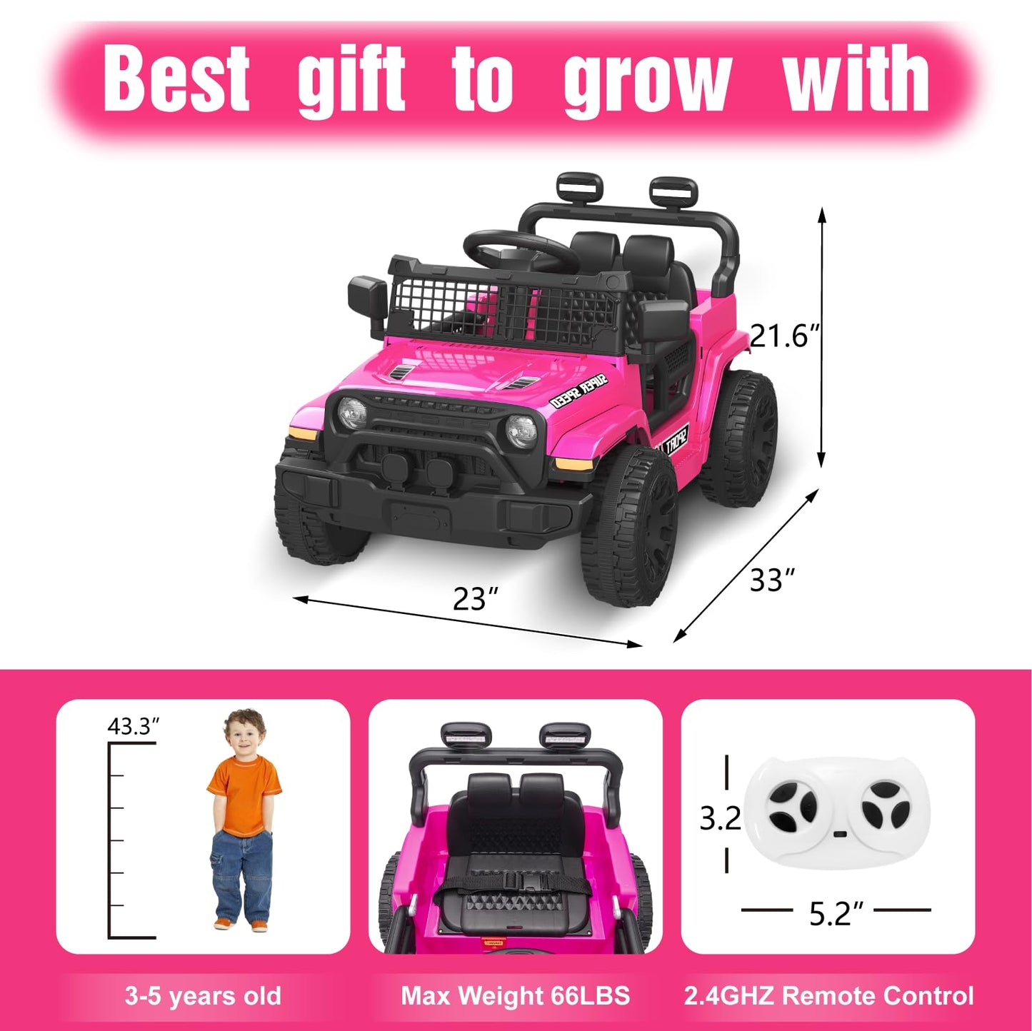 TRINEAR 12V Ride on Toys with Parent Remote Control, Toddler Electric Car with Spring Suspension, LED Lights & Music Player - Safe Battery Car for Kids, Easy to Assemble, Pink