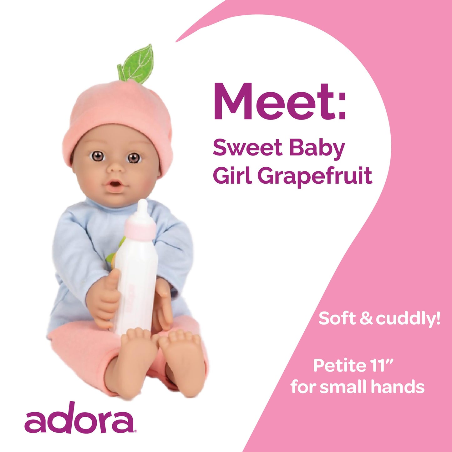 Adora Amazon Exclusive Sweet Babies Collection, 11” Soft and Cuddly Baby Doll Machine Washable, Birthday Gift For Ages 1+ - Baby Grapefruit
