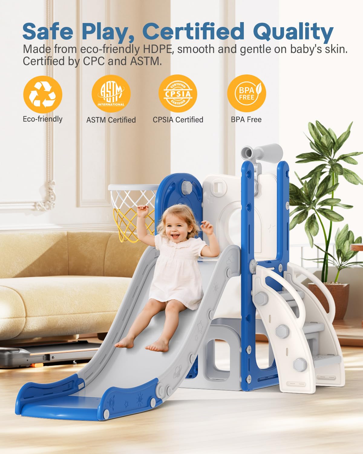 Babytronic Toddler Slide, 6 in 1 Kids Indoor Slide for Toddlers 1-3, Baby Indoor and Outdoor Climber Playset, Kids Slide with Basketball Hoop and Telescope, Toddler Outdoor Playground (Blue&Gray)