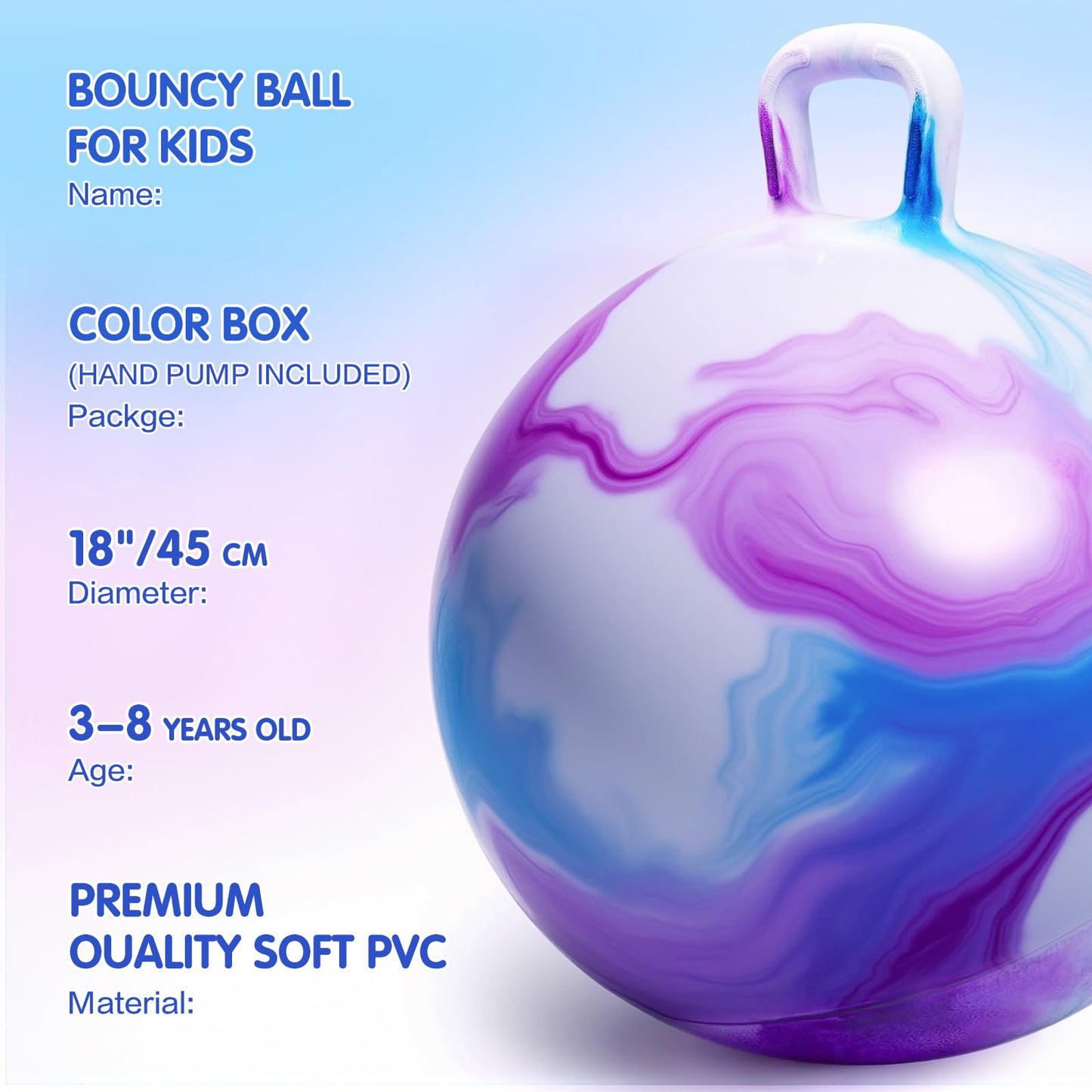 INPANY Hopper Ball, 18 Inches Bouncy Ball with Handles, Bouncing Bounce Balls Hopper, Inflatable Jumping Hopping Toys for Kids Ages 3-6, Hoppity Hop Girls Boys Gifts, Pump Included