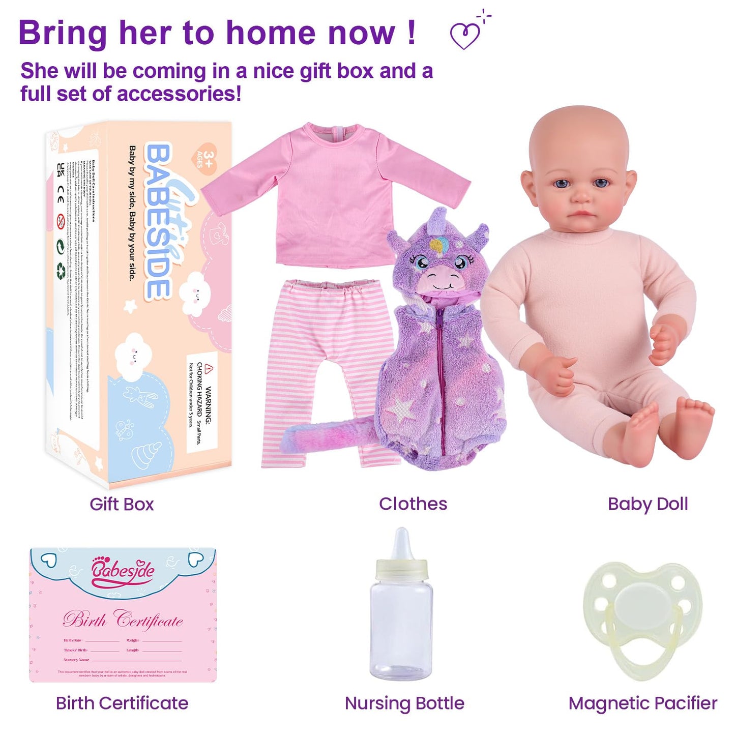 BABESIDE Lightweight Baby Doll Set–15" Realistic Soft Doll for Girls, Easy to Carry & Hug, Includes Bottle & Pacifier Set–Pretend Play & Gift for Kids Age 3+