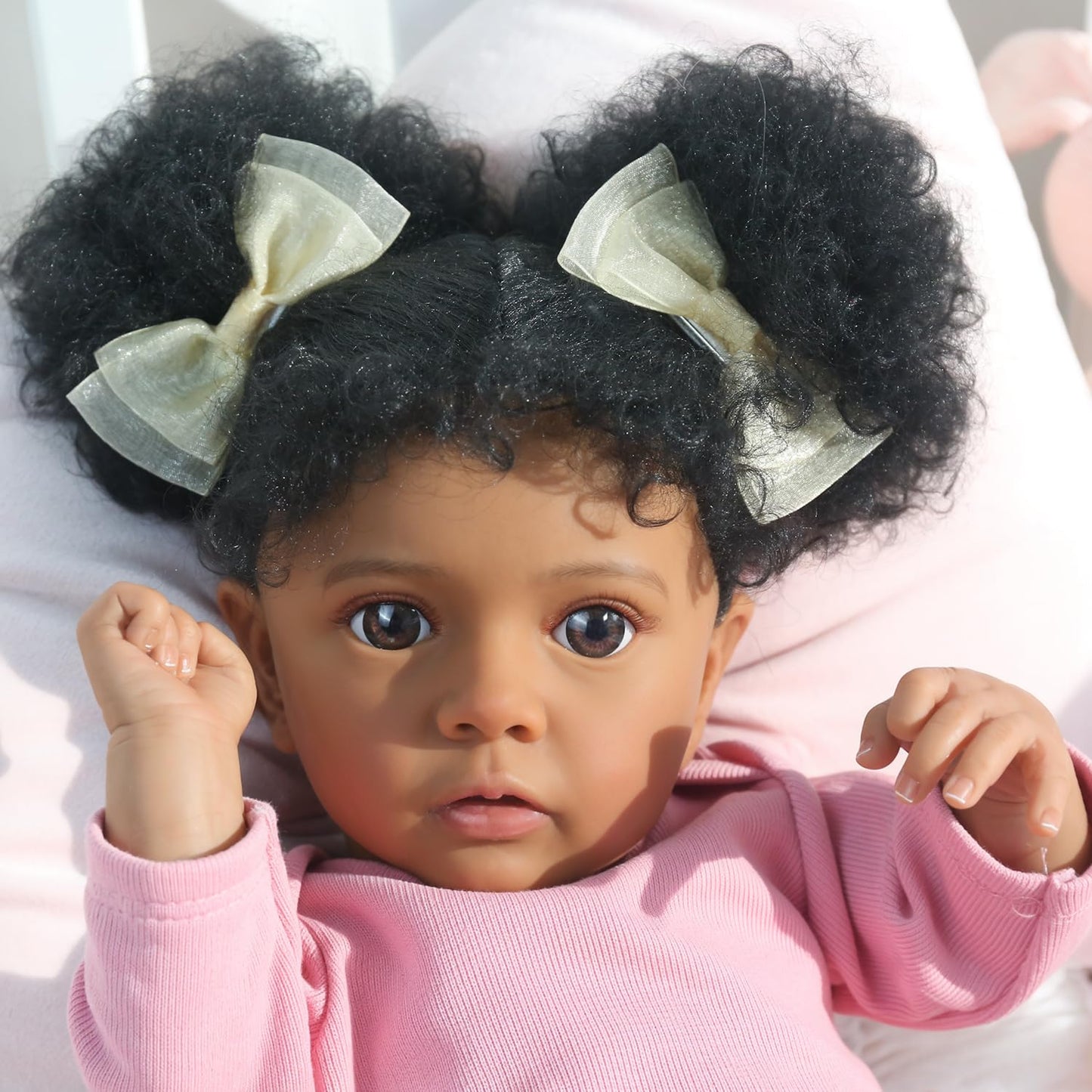 WOOROY Reborn Baby Dolls Girl Black African American - 20 Inch Realistic Newborn Baby Doll in Pink Outfit, Soft Cloth Body with Full Accessories, Gift for Kids Aged 3+
