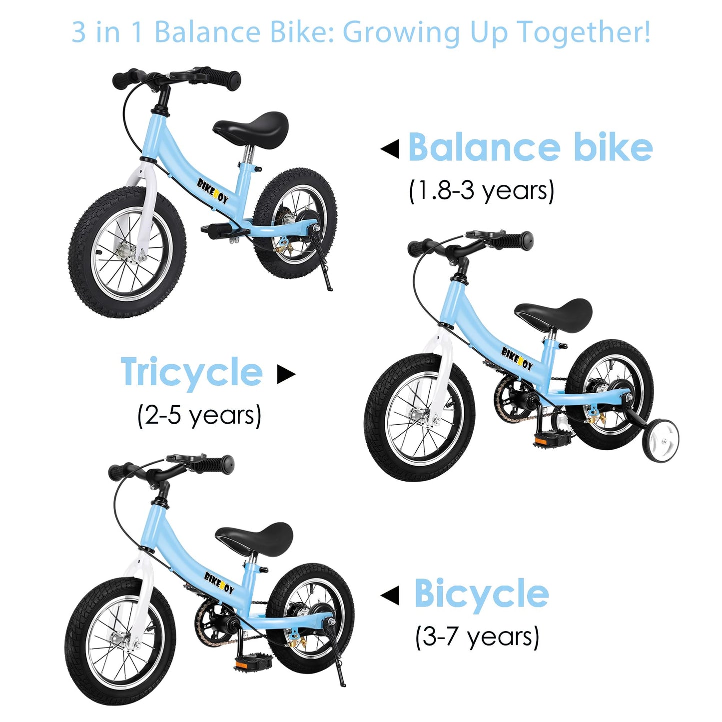 Balance Bike 3 in 1,The Dual Use of a Kids Balance Bike and Toddler Bike, for 1 2 3 4 5 6 7 8 Years Old -12 14 16 Inches with Training Theory, Brake, Pedal