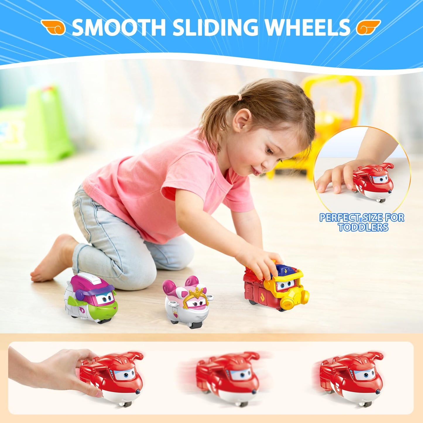 Super Wings 2" Transform-a-Bots 4-Pack, Supercharged Jett, Curie, Runi, Sara, Airplane Toys Vehicle Mini Figures, Fun Toys for Kids, Transformable Toy for 3 4 5 Year Old Boys and Girls
