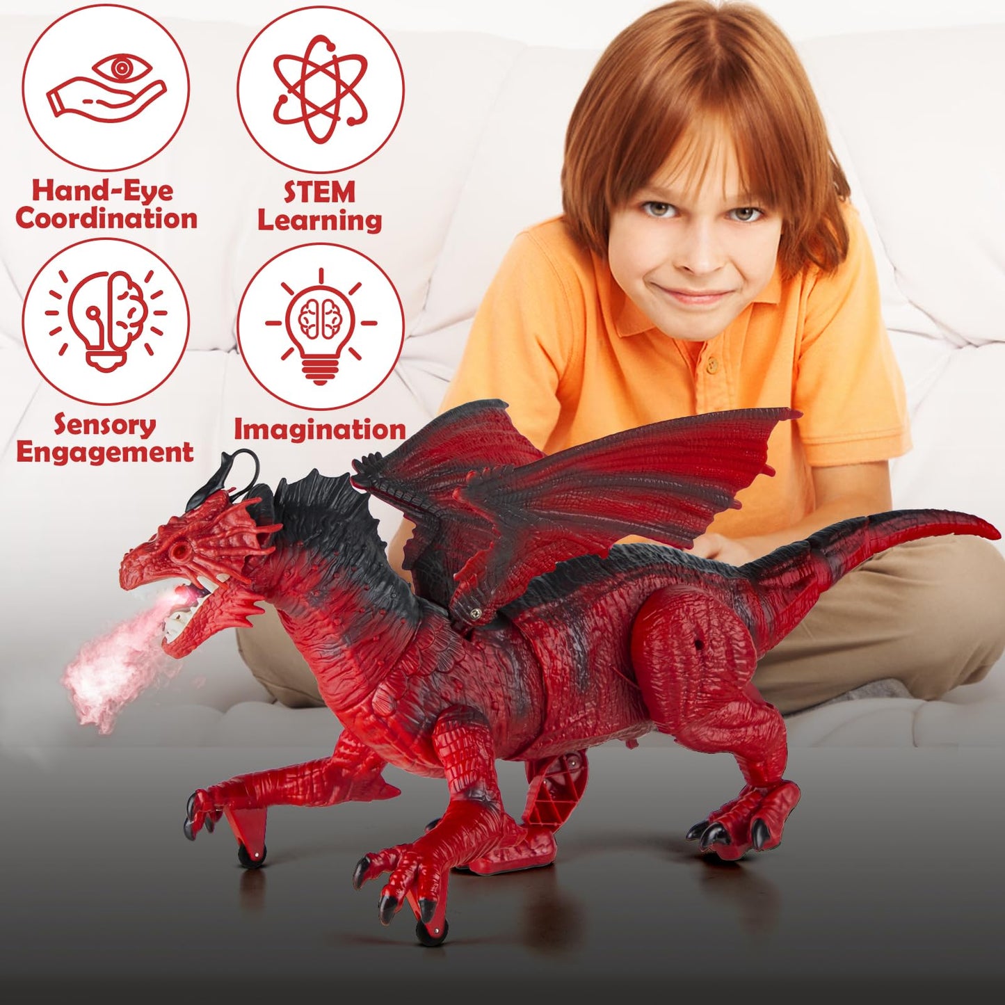 Remote Control Dragon Toy for Kids with 360° Swaying Head, Roaring, Spraying & Light Up- Remote Control Robot Toys for Kids - Red