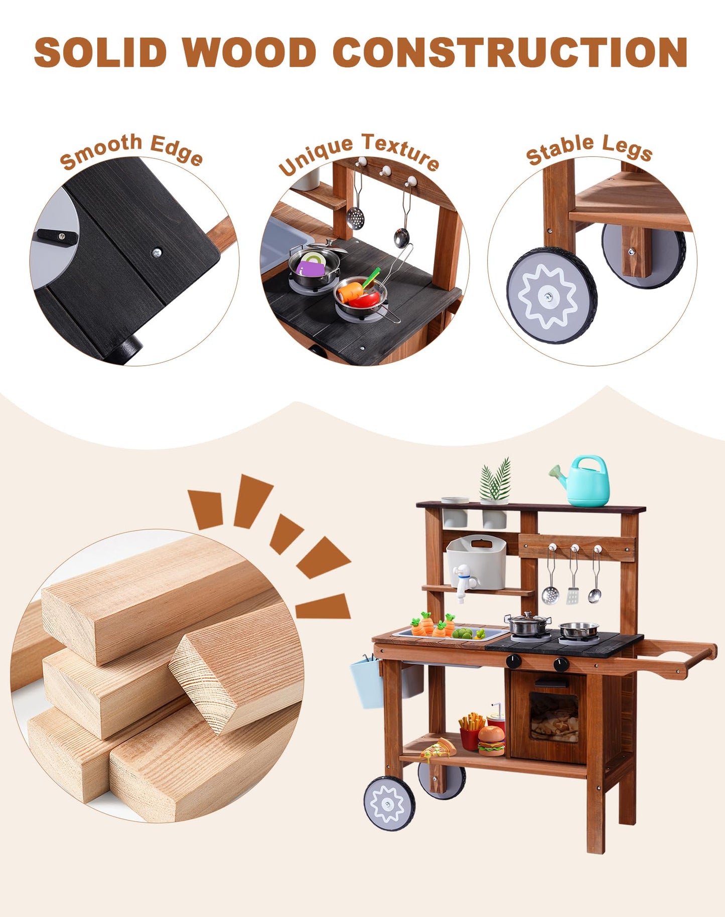 ROBUD Mud Kitchen for Kids Outdoor with Wheels, Wooden Outdoor Play Kitchen, Kids Mud Kitchen with Removable Sink & Faucet, Monteeori Toys for Children Ages 3+ Years, WG403