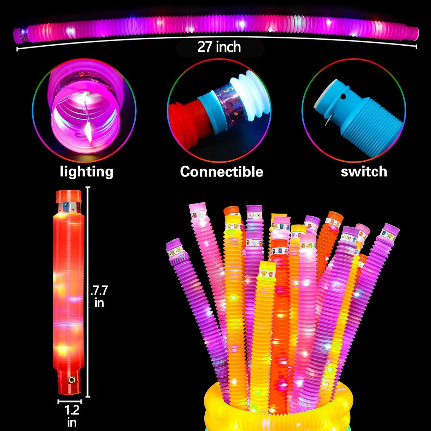 OceanWings 24PC Lights up Pop Tube Set for Kids Adults,Glow Sticks Stretchy Tube Fidget Toys for Classroom Prizes Birthday Concert Hawaii Party Glow in the Dark Party Supplies Favor for Boy Girl 8-12