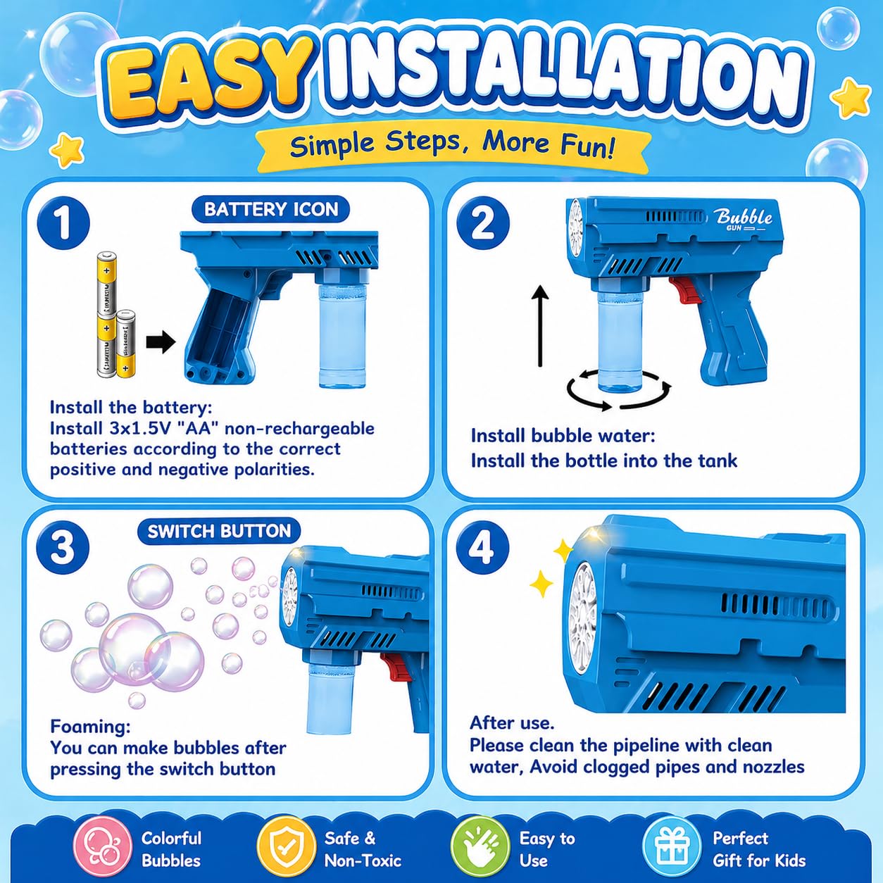 Kids Automatic Bubble Gun LED Light & Refill Solution – Leakproof Bubble Blaster, Outdoor Toys Toddlers 3-8, Birthday Gift, Easter Stuffer, Wedding & Party Supplies (Blue)