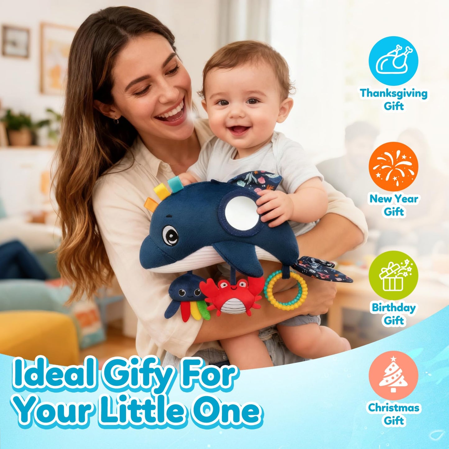 TSYAN Car Seat Toys for Babies 0-12 Months,Hanging Baby Activity Toy for Car seat,Stroller,Crib & Gym,Infant Plush Rattle with Mirror, Crinkle, Clip-On for Boys & Girls