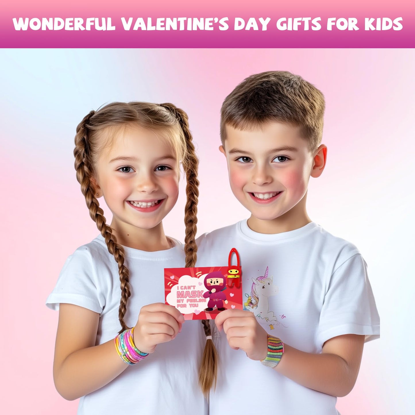 Valentines Day Gifts for Kids Classroom, 28 Pack Ninja Valentines Day Cards with Stretchy Flying Elastic Slingshot Ninja Toys, Sticky Hands for Kids Valentines Exchange Gifts School for Boys & Girls