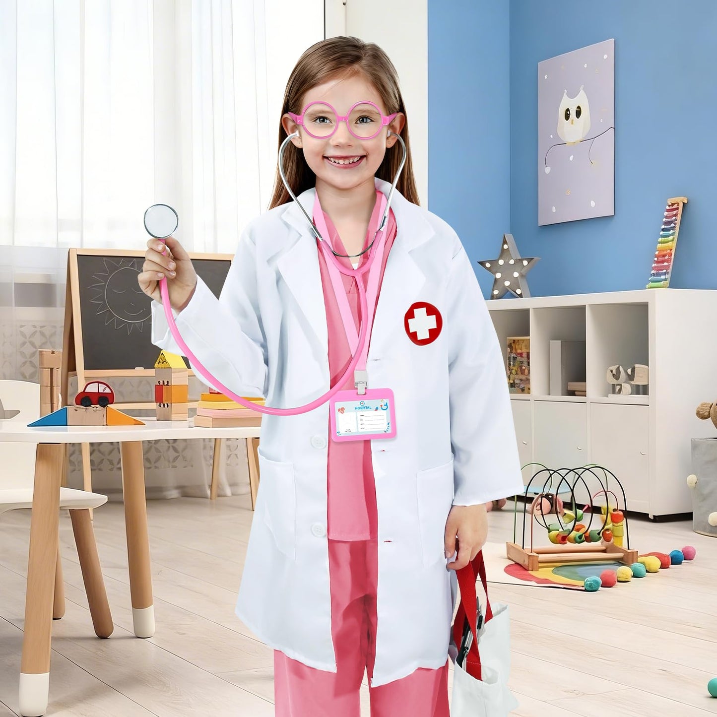 Wuclad 12 PCS Doctor Costume for Kids,Scrubs with White Lab Coat/Nurse Costume for Kids Set,Career Day Costume for Boys Girls (Pink, 5-6 Years)
