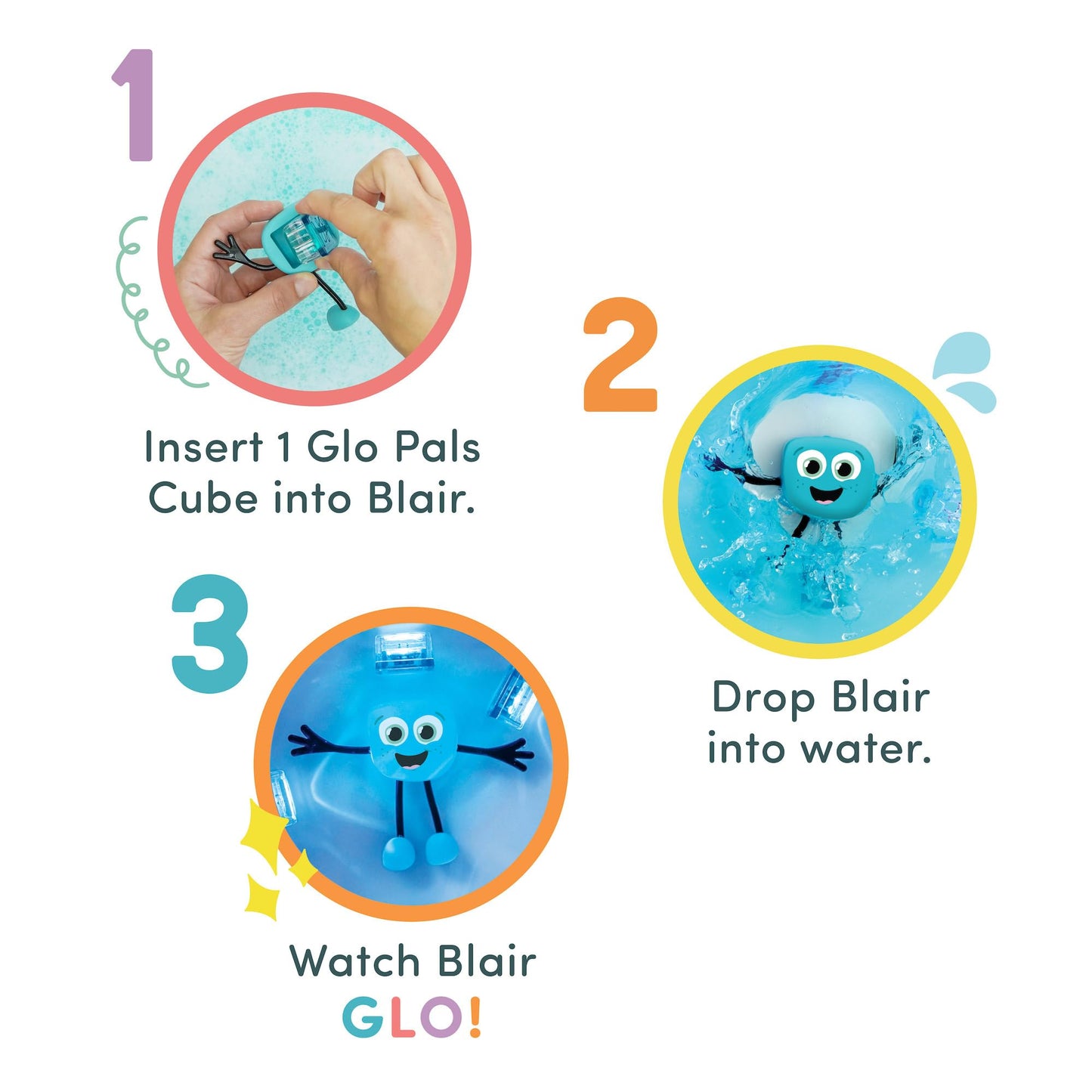 Glo Pals Water Activated Light-Up Sensory Bath Toy Character and Cubes for Bathtime and Sensory Play, Character and Pack of 6 Cubes, Blair