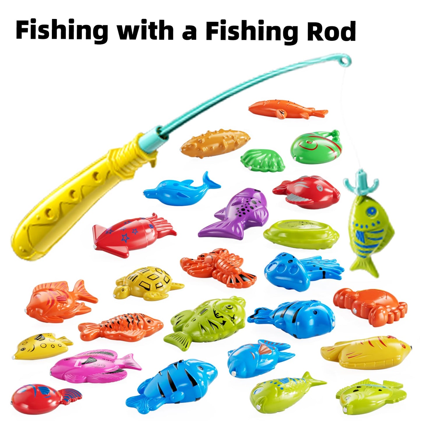 TEMI Fishing Toy Game for Kids 3 4 5 6 7 8 Years Old, 51 Fish Bath Playset for Toddlers, Toy Magnetic Rod and Fishing Net, Outdoor Water Toys for Kids Age 3-5, Party for Boy and Girl