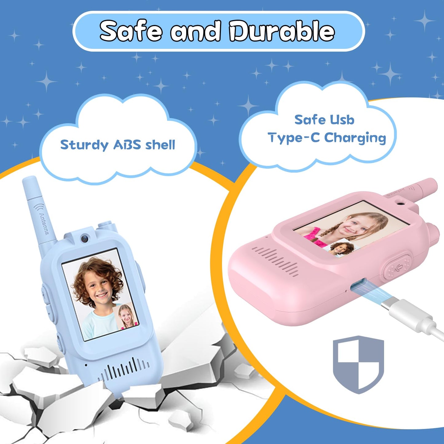 Walkie Talkies for Kids Pack of 2, Rechargeable Long Range Two Way Radios Toys for Boys Girls Age 3-5, Outdoor Adventure Camping Hiking, Birthday with Pink Blue Design