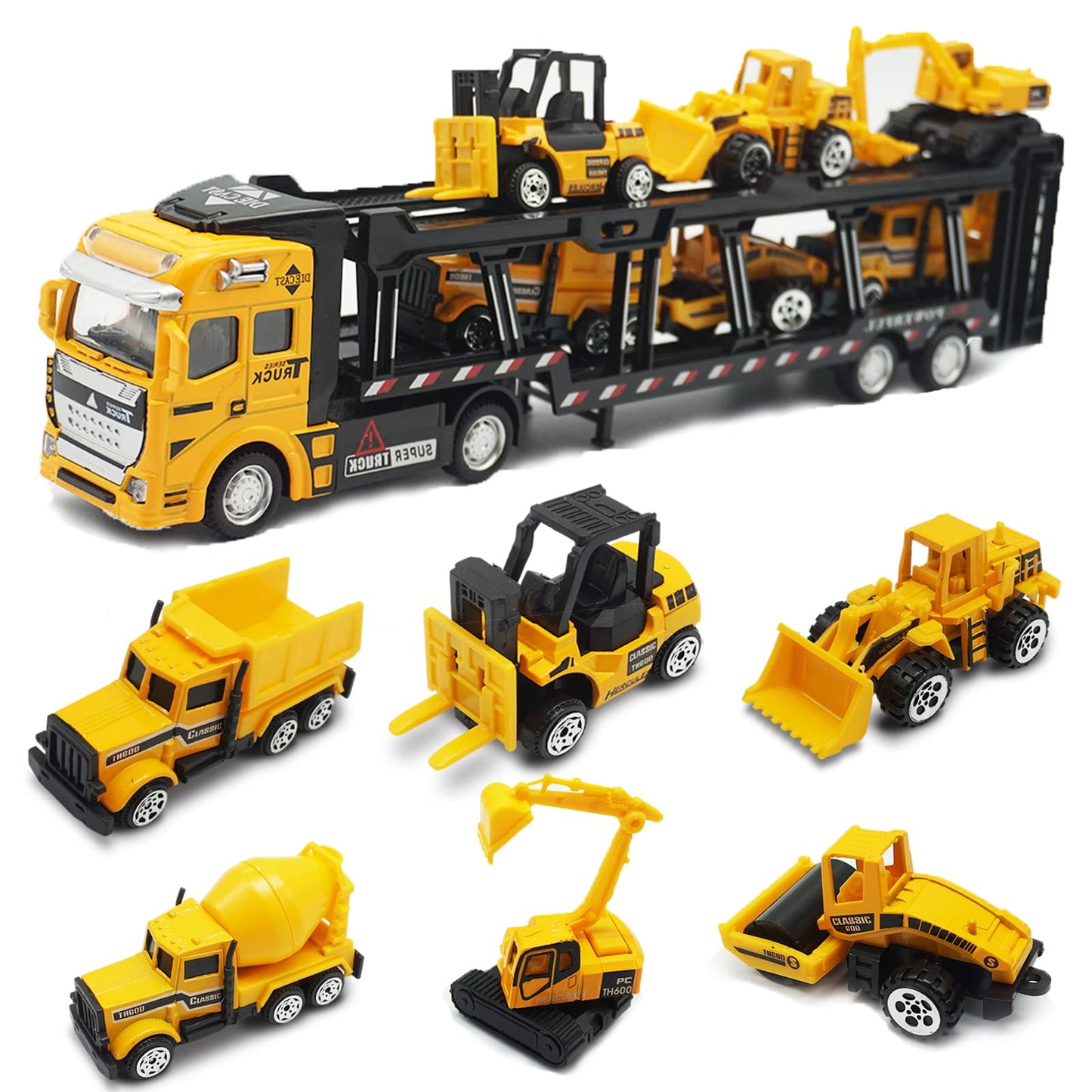 OTONOPI Car Transport Truck Toy Construction Diecast Cars Play Vehicle Set Carrier Trailer Truck with Mini Crane Excavator Digger Dumper Tractor for Kids Pack of 7