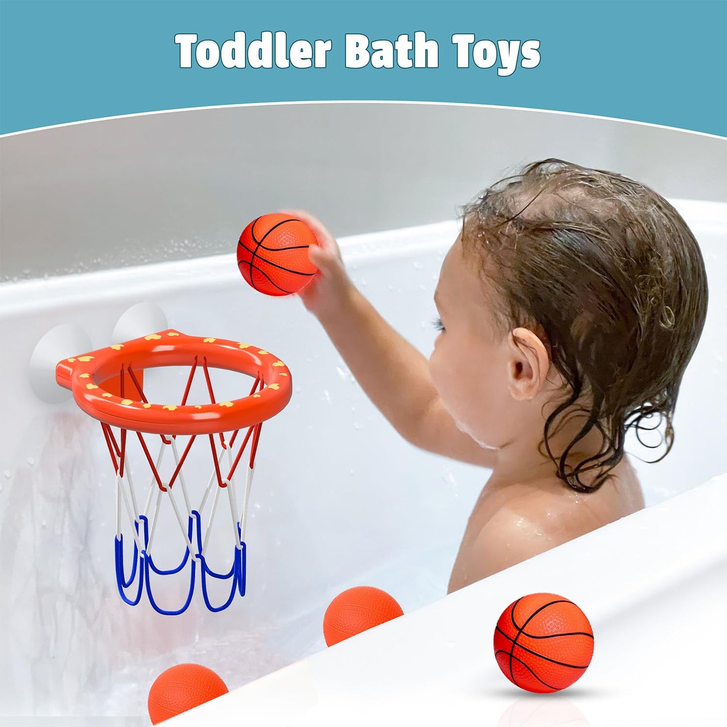 MARPPY Bath Toys – Bathtub Basketball Hoop for Toddlers and Kids, Mold-Free Shower Toy with 4 No-Hole Balls, Fun Bathtub Toys for Boys and Girls