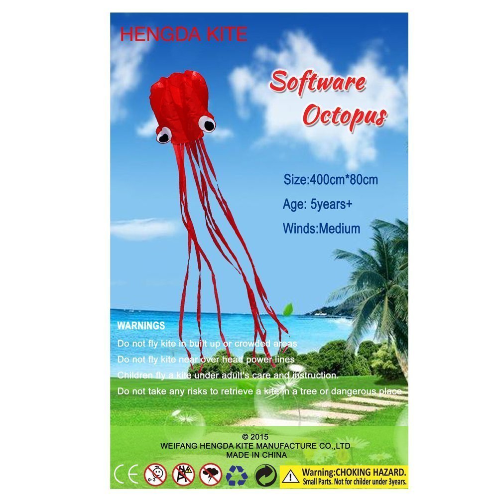 Hengda Kite Software Octopus Flyer Kite with Long Colorful Tail for Kids, 31-Inch Wide x 157-Inch Long, Large, Red