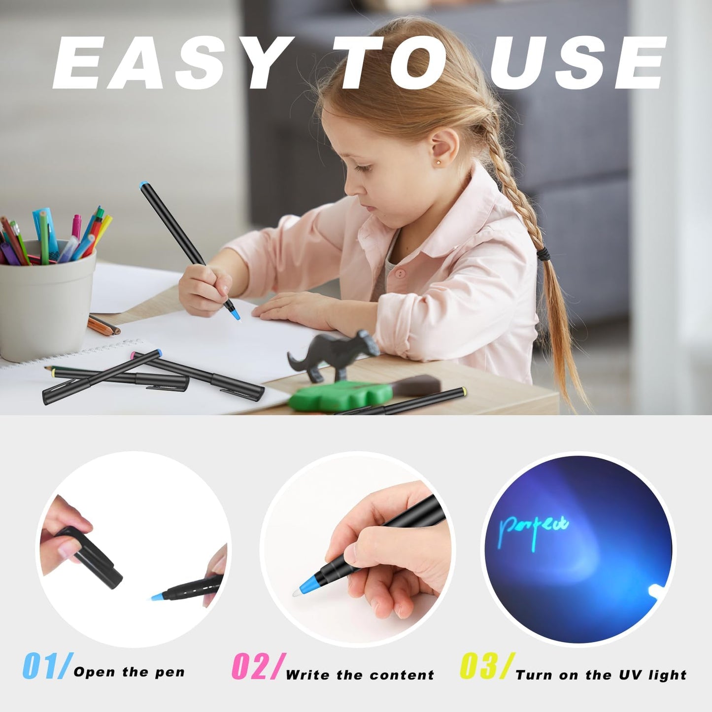 Daemson Invisible Ink Pen, Spy Pen with 6 PCS Mini UV LED Keychain Flashlight, Disappearing Ink Magic Pens with Black Light Markers for Secret Notes, Fit for Christmas Halloween Holiday Gifts (6 PCS)