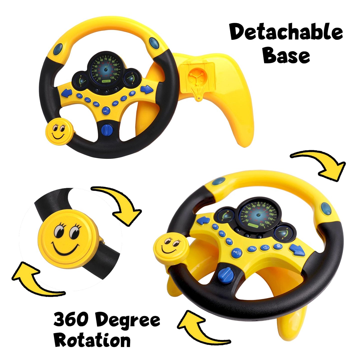 YIYZAOF Kids Steering Wheel Toy for Car Backseat with Light and Music,Suction Cups Base-Interactive Simulated Driving Toy Steering Wheel for Kids Boys Girls,Yellow