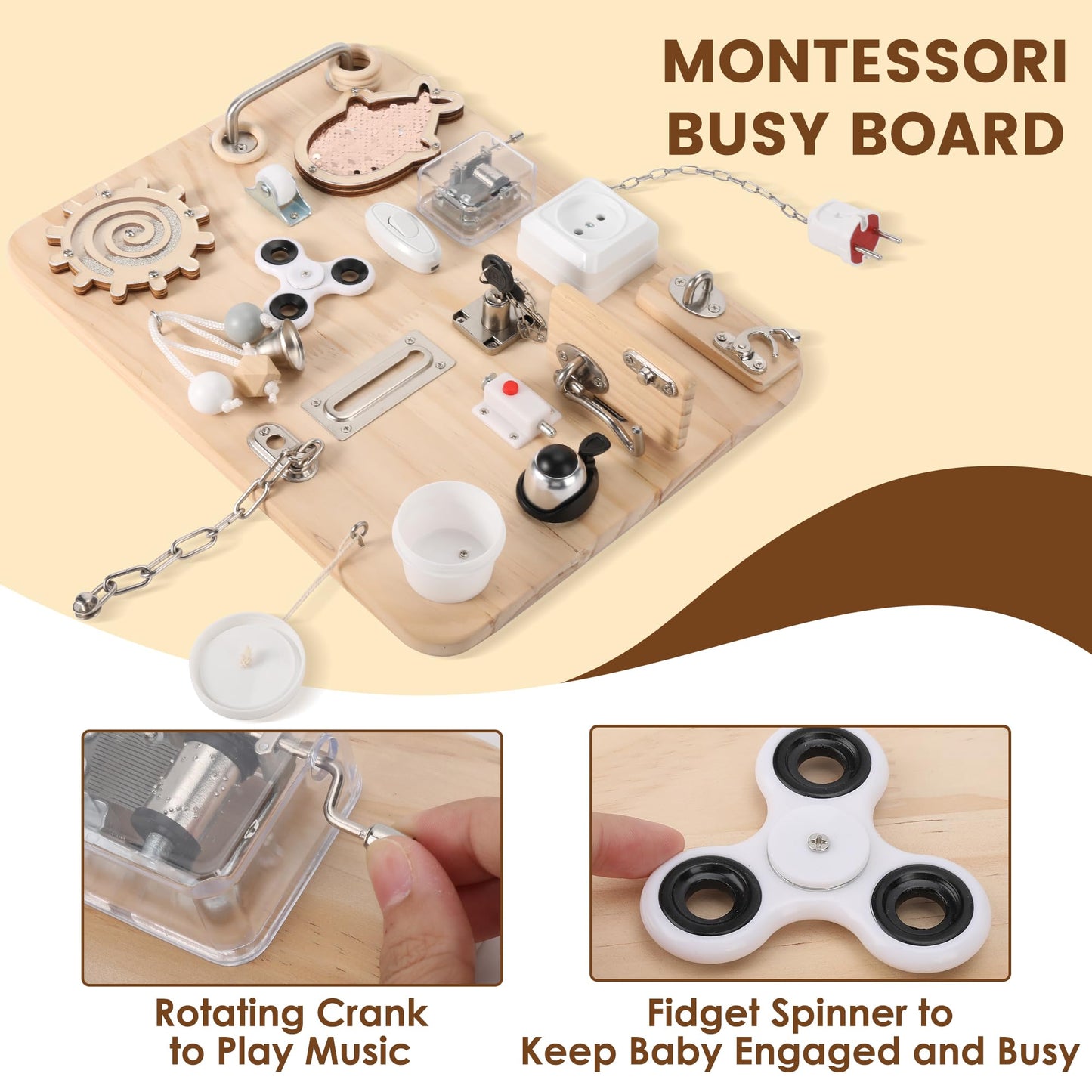 Pithfor Wooden Montessori Busy Board, Montessori Sensory Activity Board Toys for Kids Toddler Baby Boys Girls, for Autism & ADHD Motor Skills