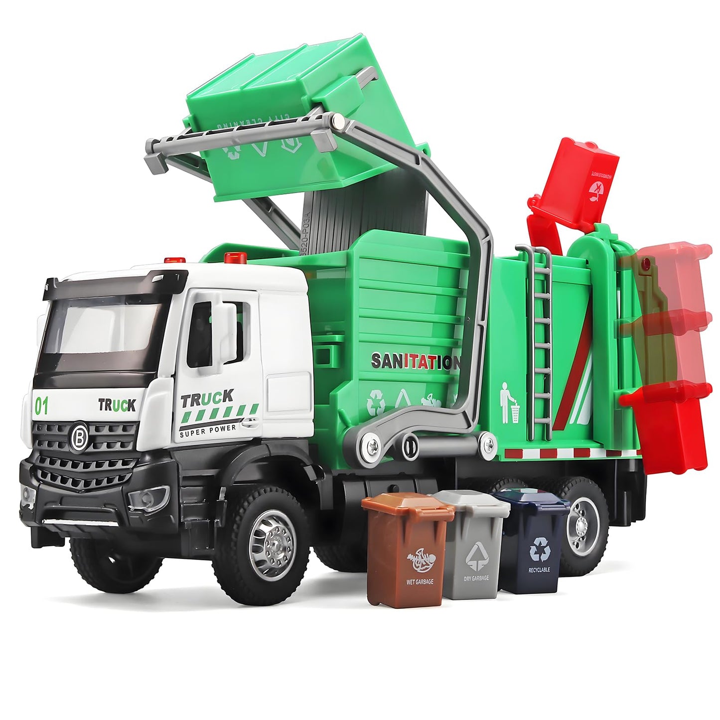 NOVAFUSION Garbage Truck Toys for Boys,Toy Garbage Truck Metal Diecast Cab,Pull Back Garbage Truck with Lights and Sounds,Front Loader Recycling Toy Garbage Trucks,Garbage Truck Toys for Boys Age 4-7