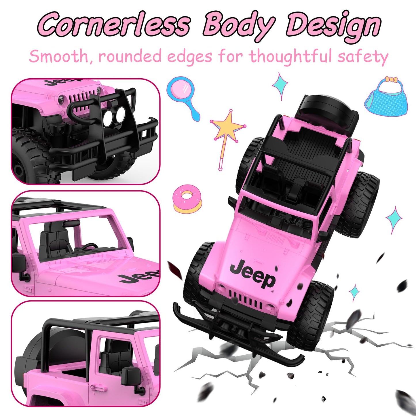 DOUBLE E Jeep Licensed 1:14 Scale Pink Remote Control Car for Girls with 2*DIY Stickers, Open-top Design RC Jeep, 80Min Play 2.4Ghz Off Road RC Trucks with LED Lights, Birthday/Xmas Gifts for Girls 6+