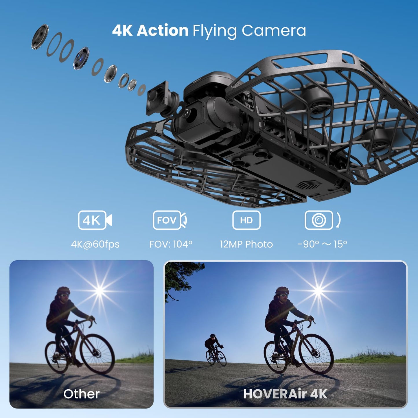 HOVERAir X1 PRO 4K Drone with Camera, Foldable Action Flying Camera with 42 KM/H Follow Speed, 15+ Fully Automatic Flight Modes, Fly Anywhere with OmniTerrain, SmoothCapture 2.0(Cycling Combo)
