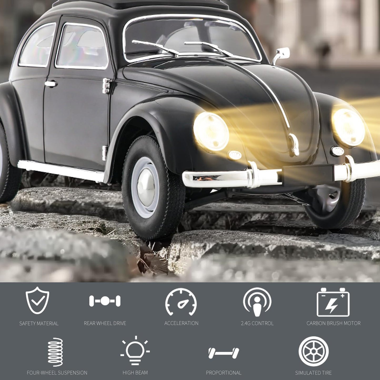 Kodbiby Remote Control Car, 1:16 Scale Classic Beetle 1950 Model Toys Car for Teens, 2.4GHz 4CH RC Car Rear Wheel Drive with LED Ligjhts and Rechargeable Battery, Birthday for Teens Adults