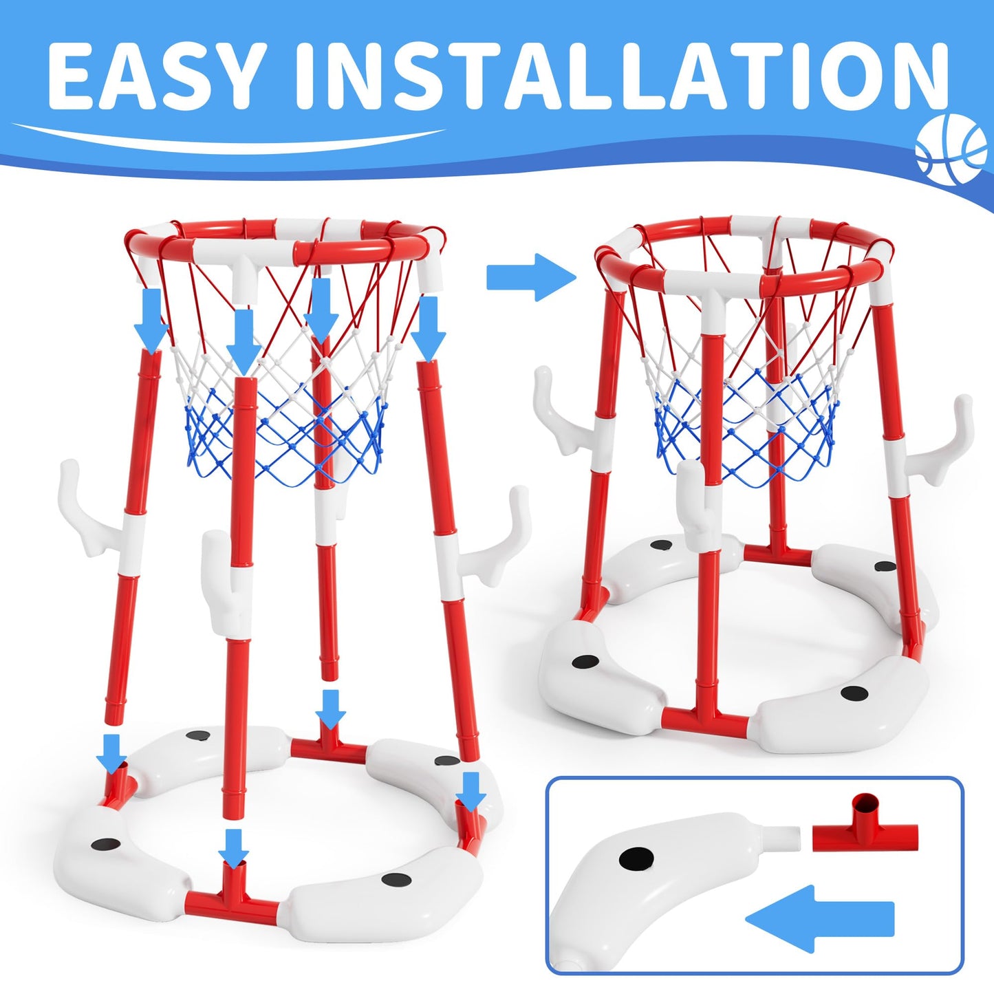 AIBEIQITOY Pool Basketball Hoop for Kids 4-8 8-12, 2 in1 Floating Basketball Hoop Set with 4 Balls,12 Rings&Pump, Swimming Pool Basketball Water Toys for Summer Outdoor Family Party Game Toys