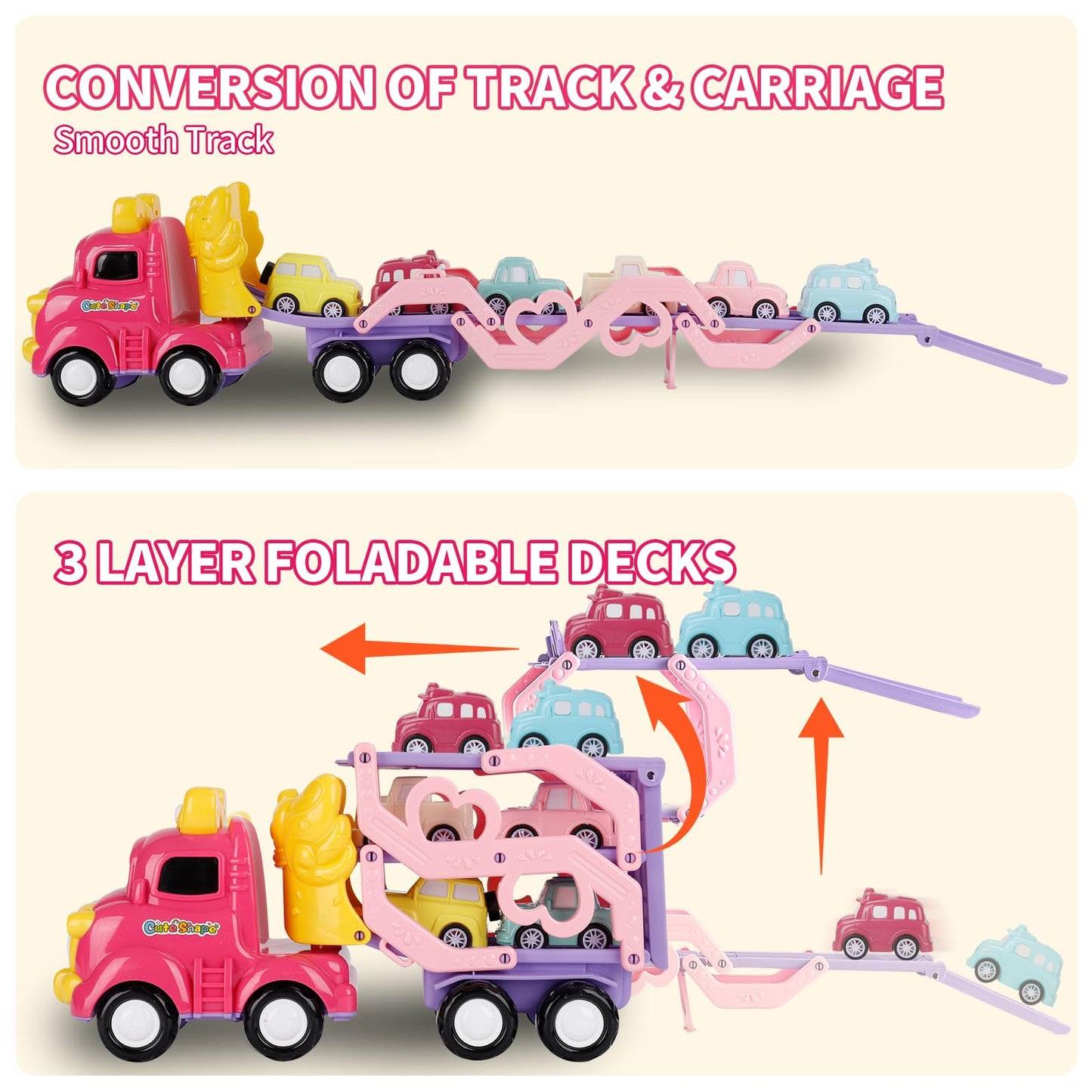 Sciencow Toddler Girls Cars for 1 2 3 4 5 Year Old,7-in-1 Pink Princess Foldable Transport Carrier Trucks with Lights and Music,Birthday Presents for 1-3 3-5 Yrs Old Babys