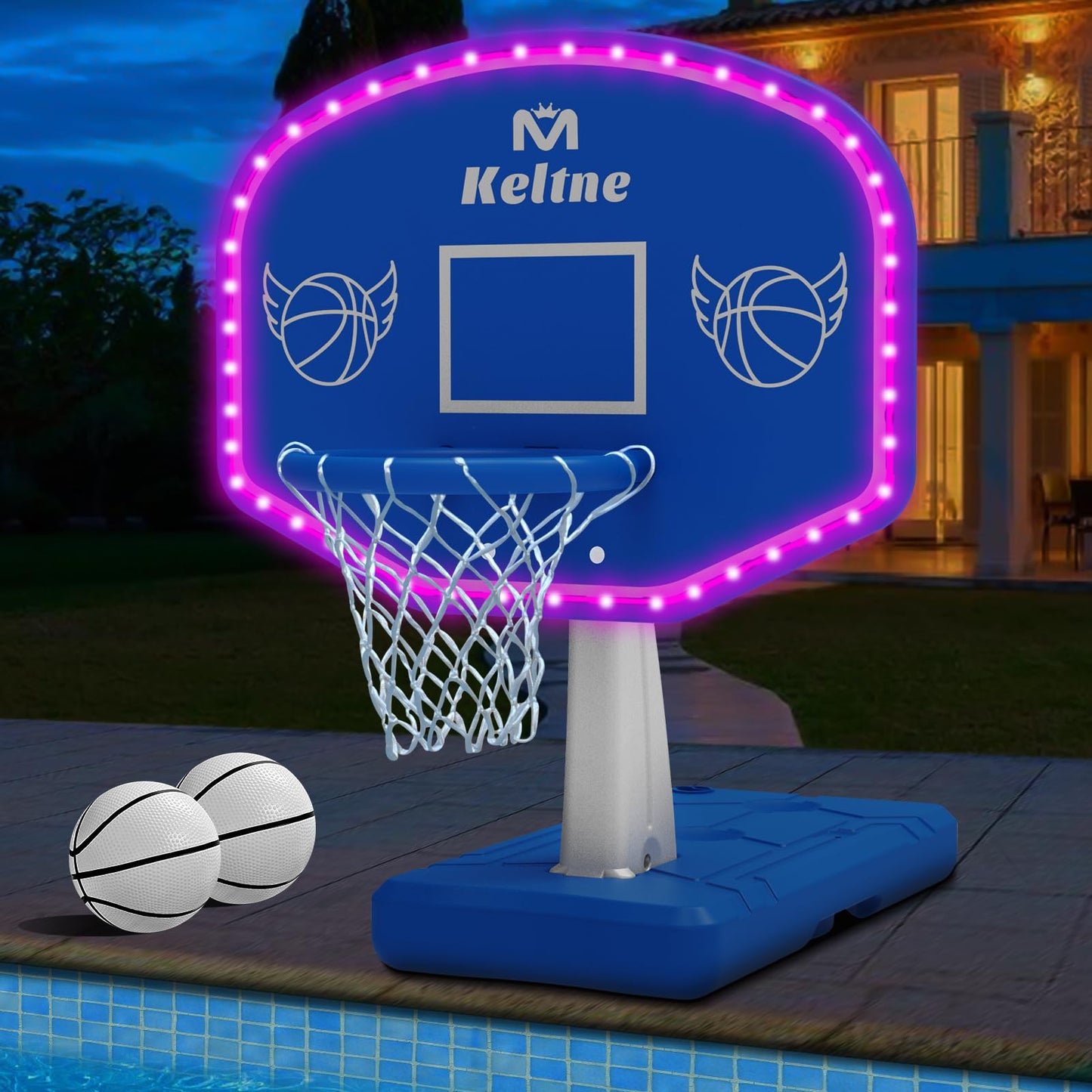 LED Pool Basketball Hoop Poolside, Super Bright Large Solar Powered Basketball Hoop for Pool, Swimming Pool Basketball Game Toys with Lengthen Sturdy Base for Kids Adults, Includes 2 Balls and Pump