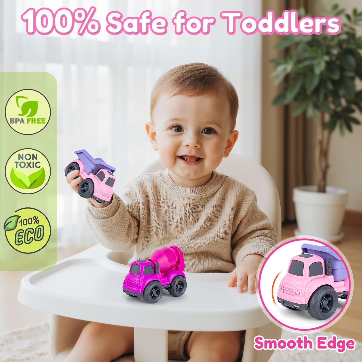Aigitoy Dump Truck Toys for 3 Year Old Boys, BPA Free, Phthalates Free, PVC, Dump Truck, Mixer Cement, Easter Christmas Birthday Gifts for 2 3 4 Year Boy Girl. Dishwasher Safe,Recycled Plastic (Pink)