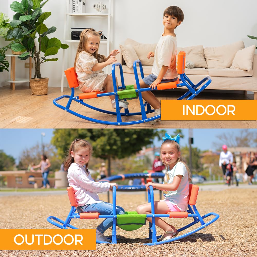 PLATPORTS Double Rocking Seesaw – 2-Seater Teeter Totter for Kids Ages 3-5 – Outdoor Ride-On Playground Toy for Two Children – Durable Steel Rocking Chair Seesaw for Backyard Fun