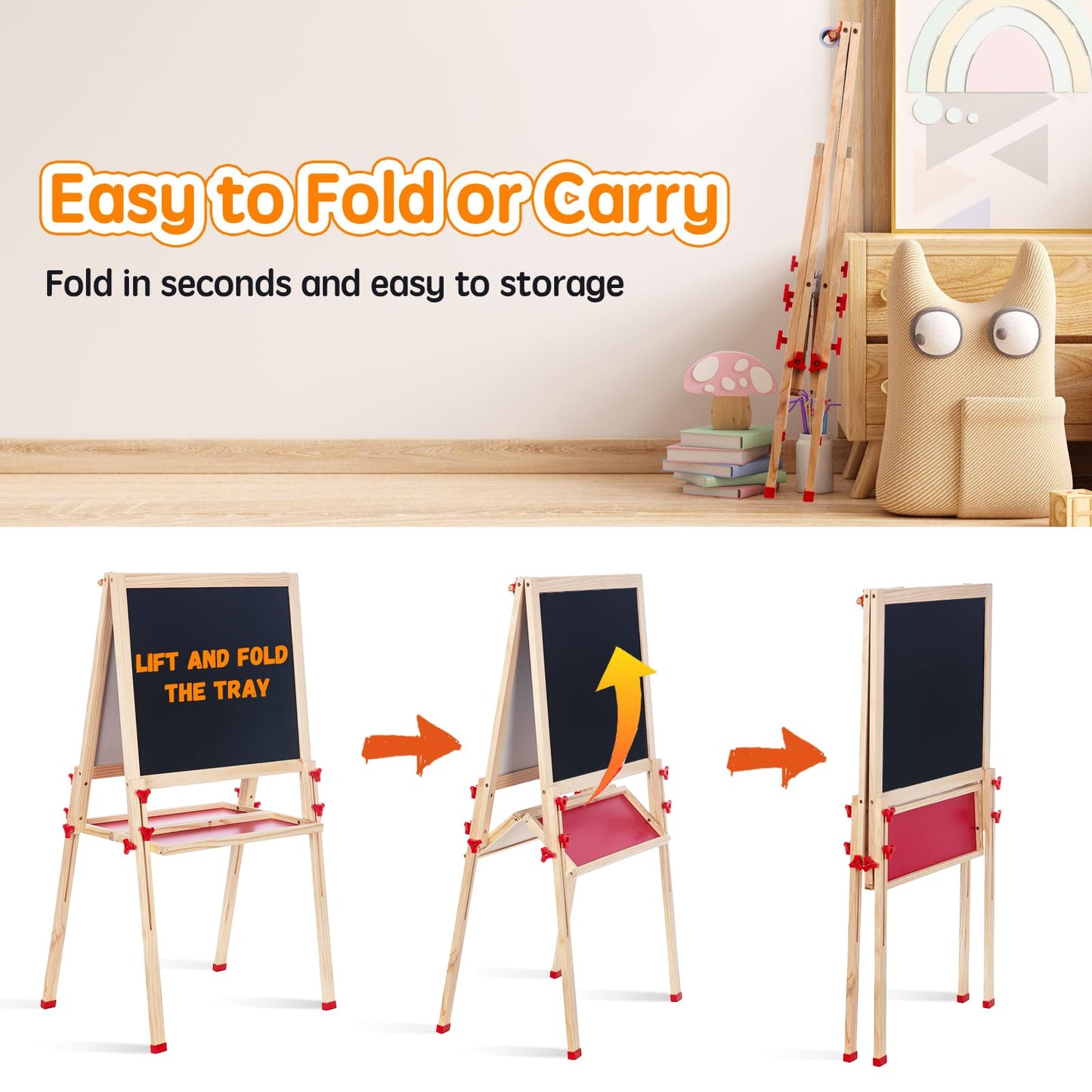 Wooden Adjustable Easel for Kids, Quick-Fold Kids Easel with Paper Roll&Accessories, Double Sided Painting Easels for Toddlers 3,4,5,6,7,8,9,10 Years, Perfect Painting Gifts&Supplies for Boys&Girls