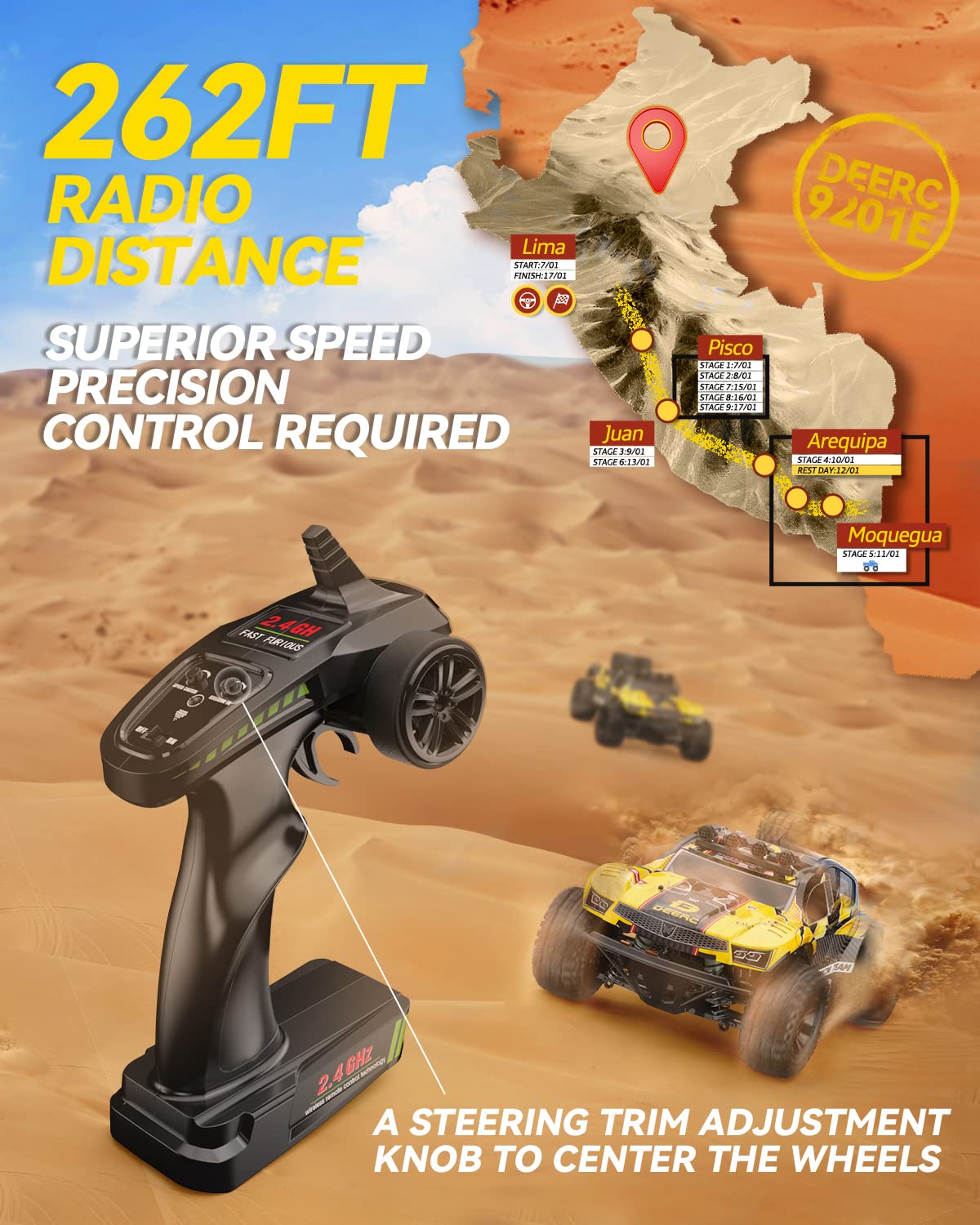DEERC 9201E 1:10 Large Remote Control Truck with Lights, Fast Short Course RC Car, 48 km/h 4x4 Off-Road Hobby Grade Toy Monster Crawler Electric Vehicle with 2 Rechargeable Batteries for Adult Kid Boy