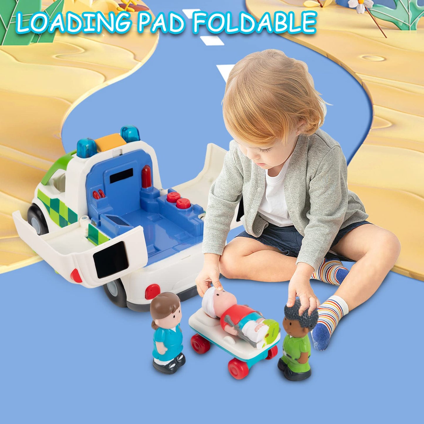 Auspint Ambulance Toy Powered Vehicle with Lights and Sounds, Rescue Role Play Set, Ambulance Set, Play and Learn Toddler Toys for 1 2 3 Year Old Boys Children Toy Truck Party Birthday Gift