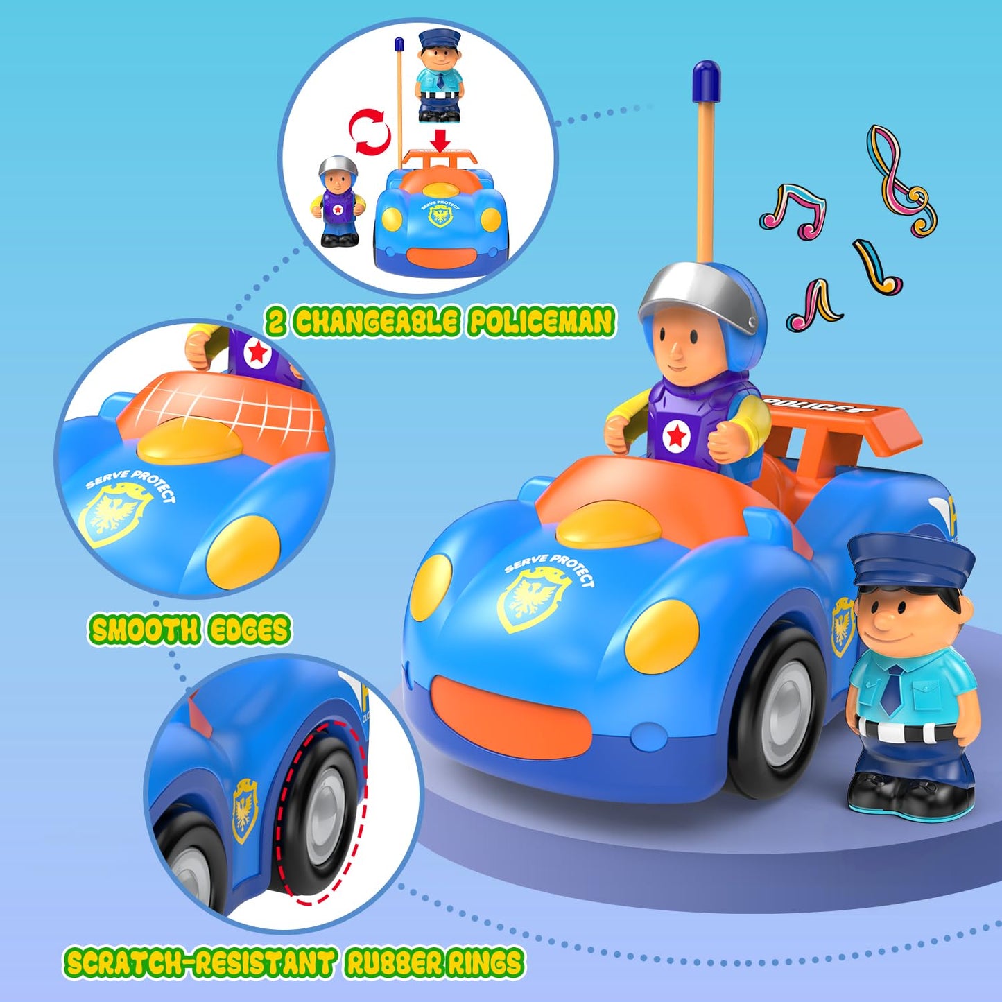 Elovien Remote Control Car for Toddlers, RC Police Car Toys for 2 3 4 5 Year Old Boy, Radio Controlled Cars Ages 2-4 with Lights & Music, First Birthday Gifts for Boys Girls (Blue)
