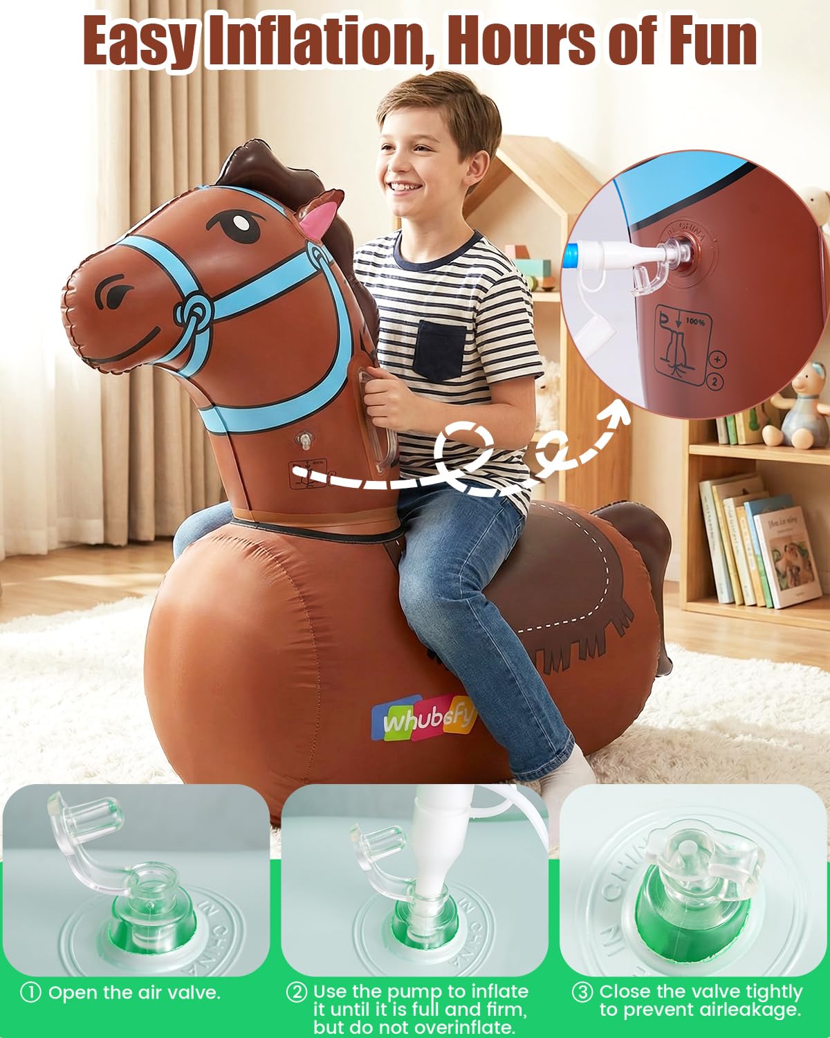 Whubefy Giant Infatable Bouncy Horse Toys, 2 PCS Thick PVC Ride On Bouncer Animal Hopper Jumping Toys with Pump for Indoor Outdoor Play, Puncture-Resistant Bouncer for Kids Teens Ages 5+, 220 lbs