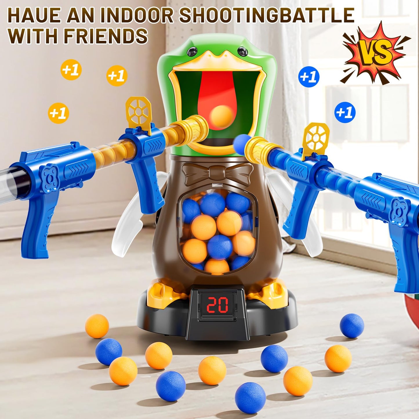 NIPLOOOW Duck Shooting Toys for Kids 3-5, Movable Target Shooting Games with 2 Air Pump Launcher, LCD Score Record, Sound, 48 Foam Balls, Birthday Gift for Boys Girls Ages 3 4 5 6 7 8 Years Old