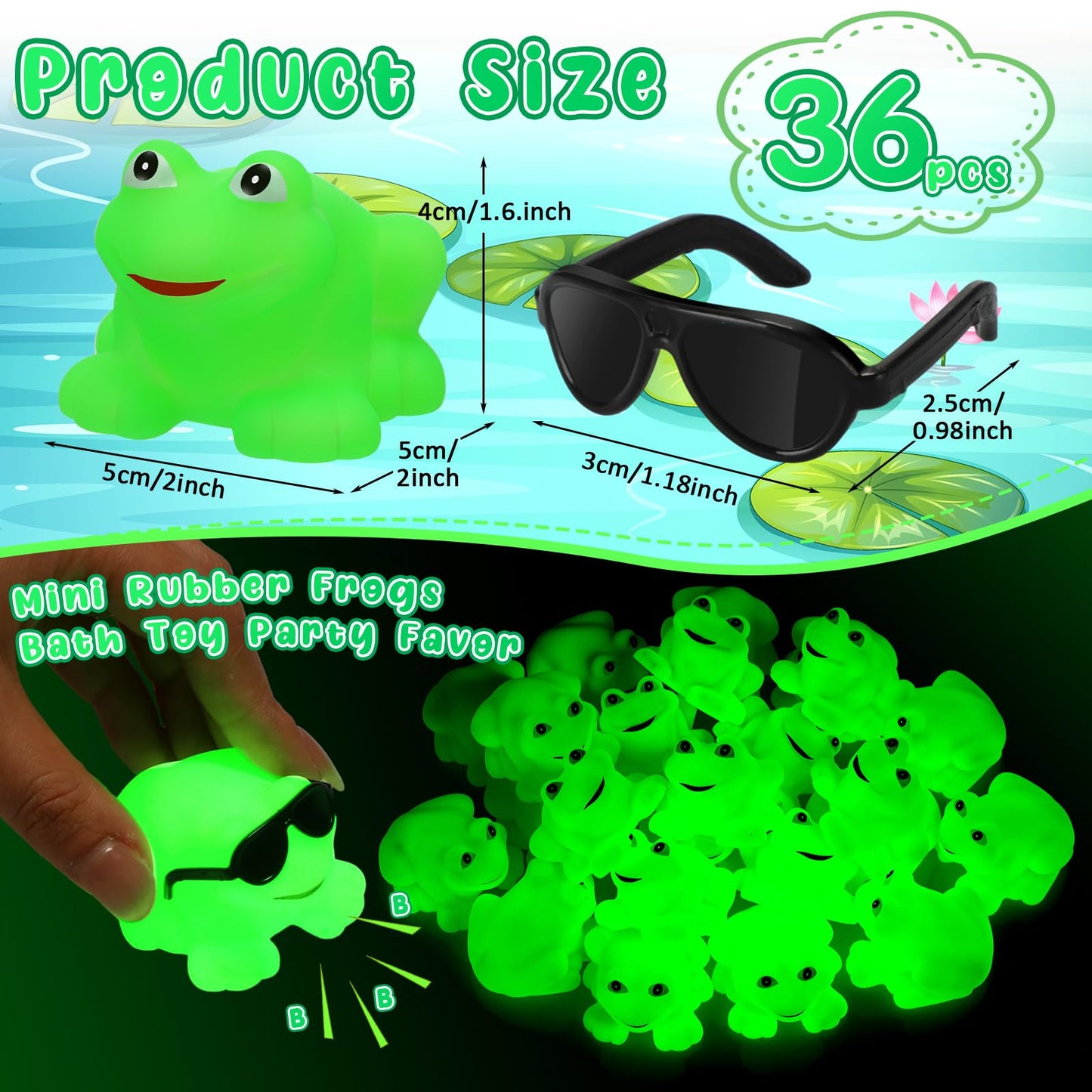 Halloscume 36 Pack Rubber Frogs Squeak and Floating Mini Glow in The Dark Frogs with Glasses Cute Swimming Bathtub Toy for Spring Party Favor