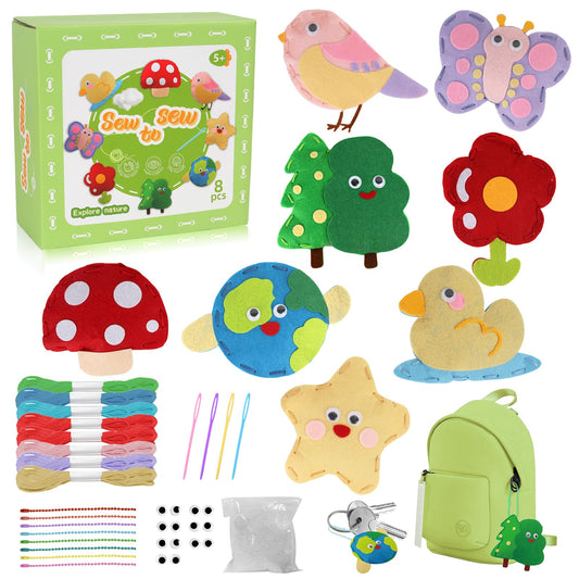 Nature Sewing Kits for Beginners, DIY 8 Stuffed Forest, Butterfly Making Easy Felt Sewing Fun Craft Set, Educational Learn to Sew Gifts for Kids Age 5 6 7 8 9 10 11 12, Instruction & Felt Materials