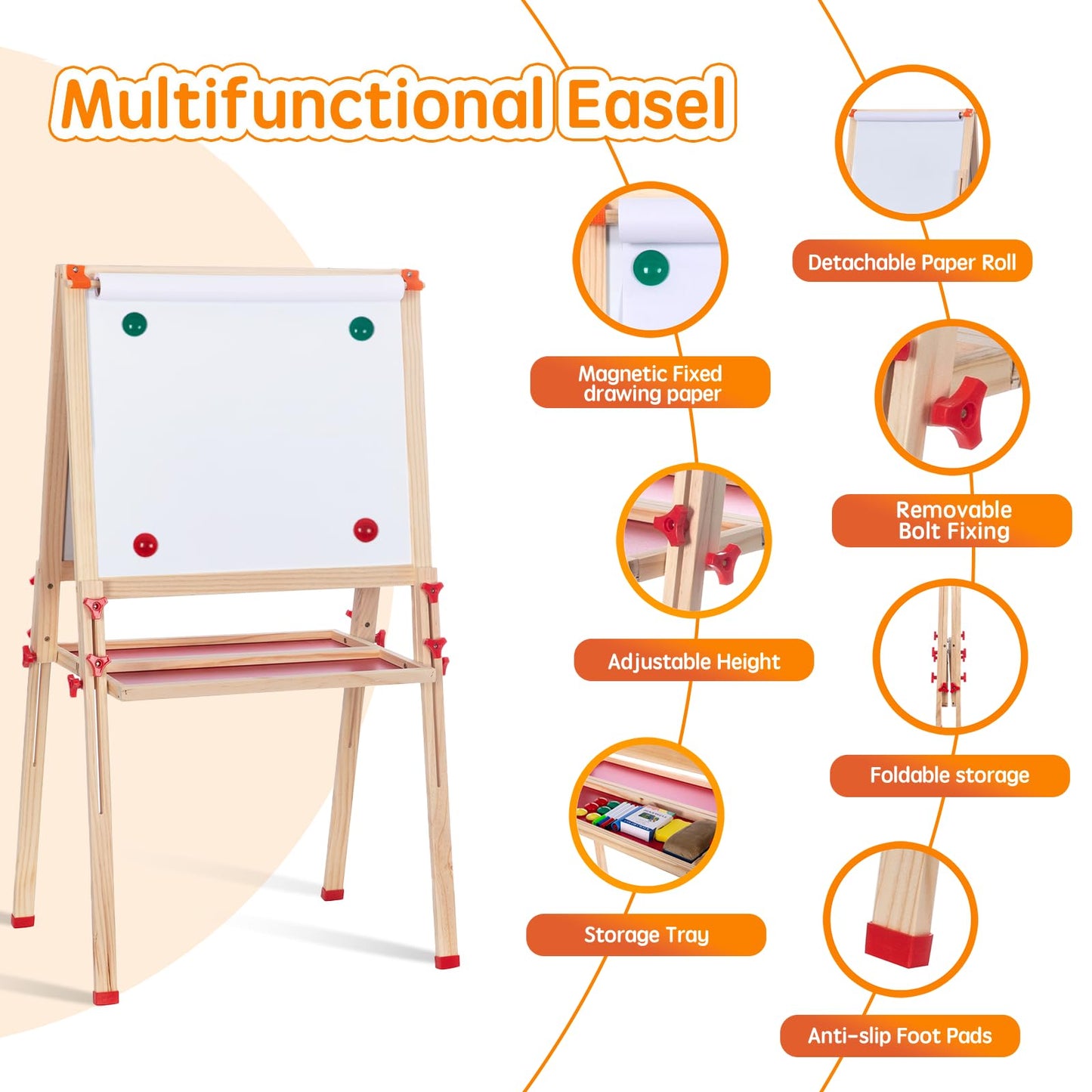 Wooden Adjustable Easel for Kids, Quick-Fold Kids Easel with Paper Roll&Accessories, Double Sided Painting Easels for Toddlers 3,4,5,6,7,8,9,10 Years, Perfect Painting Gifts&Supplies for Boys&Girls