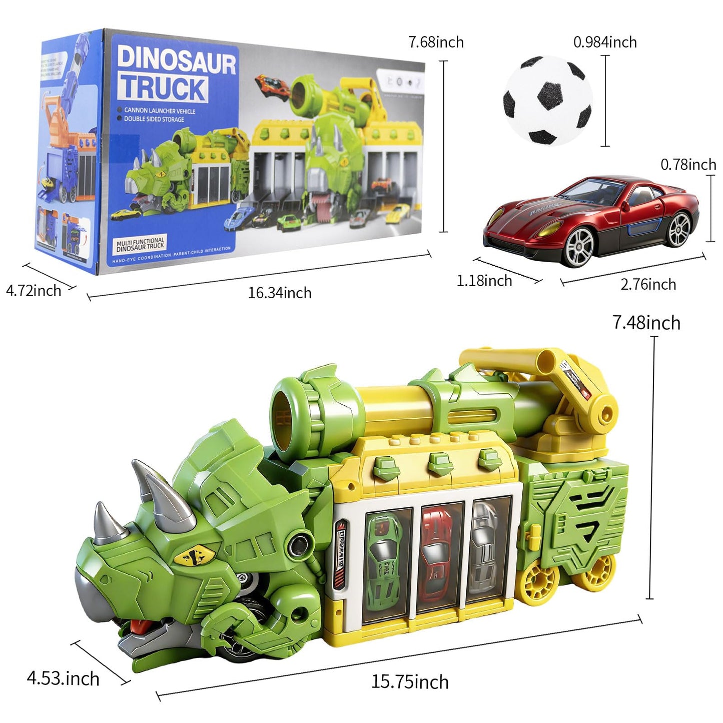 BYFWH Dinosaur Truck Toy Cars for Kids 3-8, Foldable Triceratops Car Toys with Storage Bay, Eejection & Shooting Dino Trucks Boy Toy with 12 Foam Ball, 10 Mini Cars, Best Gift for Kid 3 4 5 6 7 8 9