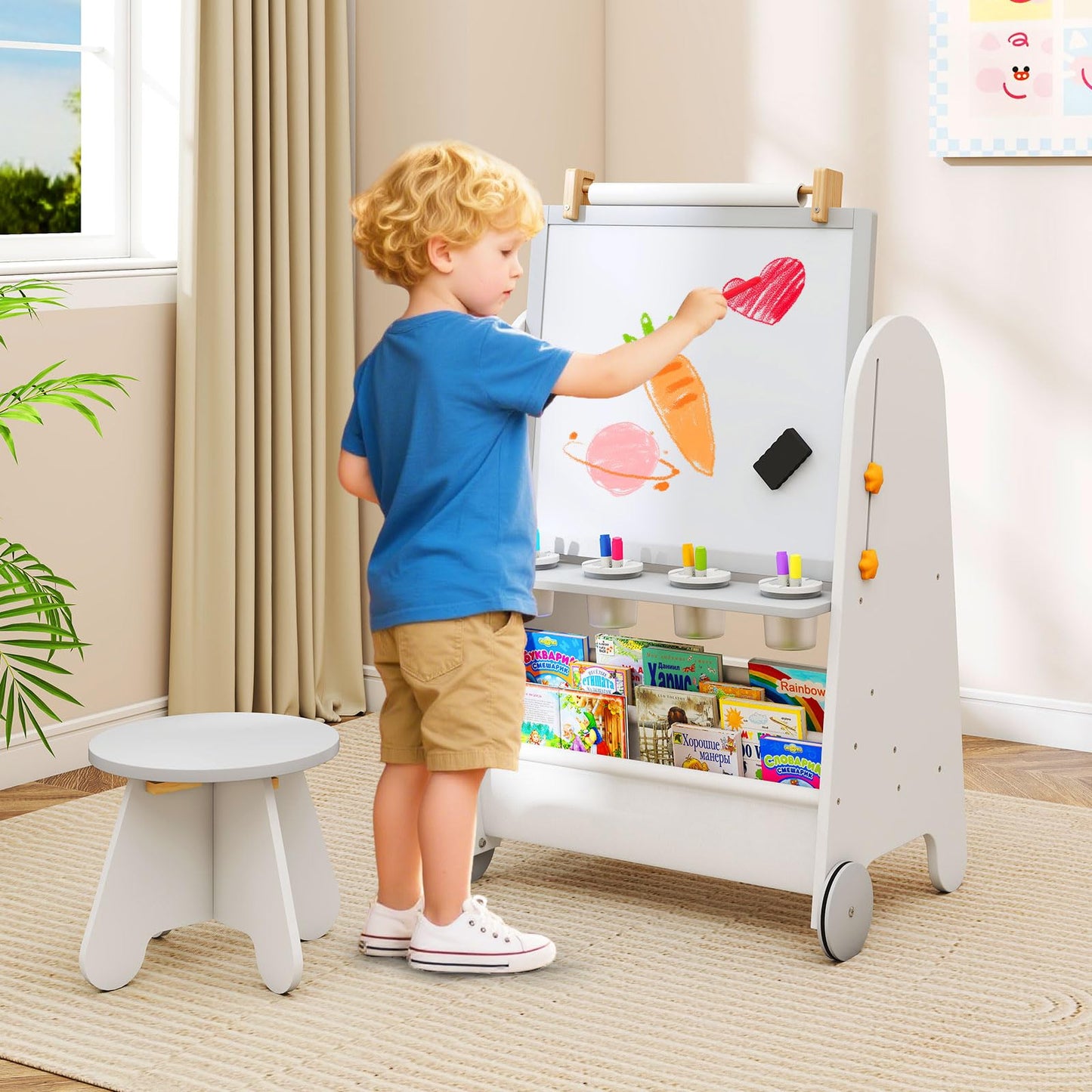 INFANS Easel for Kids with Stool, 4-in-1 Double-Sided Adjustable Magnetic Chalkboard with Paper Roll, Bookshelves, Wheels, Wooden Standing Painting Drawing Art Board for Boys Girls