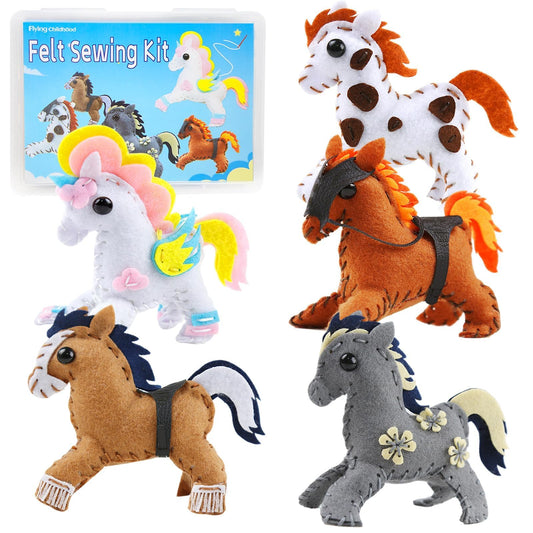 IROLEHOME Sewing-Kit for Kids Ages 8-12, Horse Craft Sew Your Own Stuffed Animal of 5 DIY Projects, Unicorn Pony Toy Gift for Girls Boys