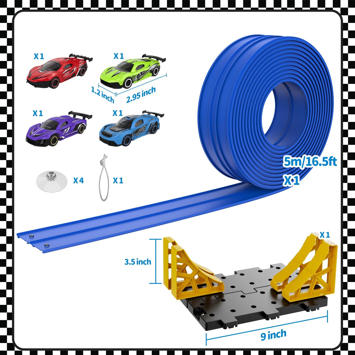 Flex Race Track 16 Ft with Suction Cups Compatible with Diecast 1/64th Cars, Flexible Car Track Toys for Ages 3+ Kids Toddlers Roll Out Portable Racetrack (Blue)
